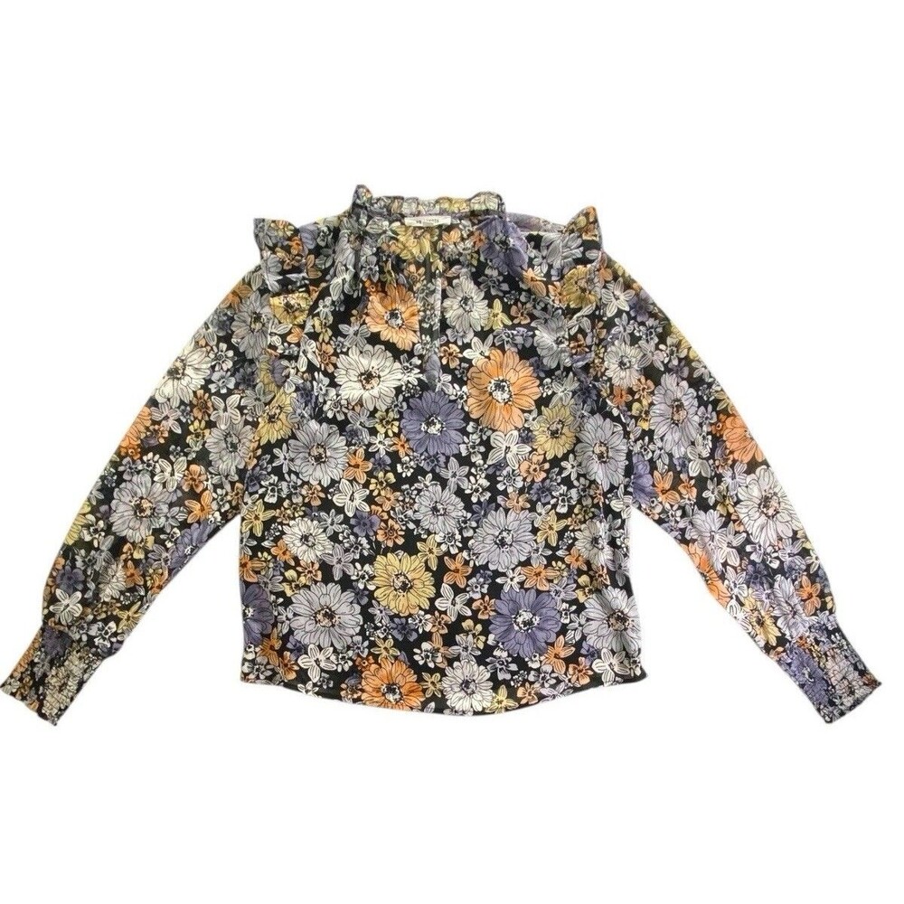 BB Dakota Floral Ruffle Neck Blouse Women M Smocked Cuffs Boho Long Sleeve